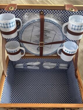 Blue Check Picnic Dinnerware Set with Cups and Utensils